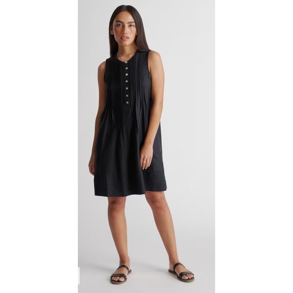 Quince Black Linen Sleeveless Pleated Mini Dress